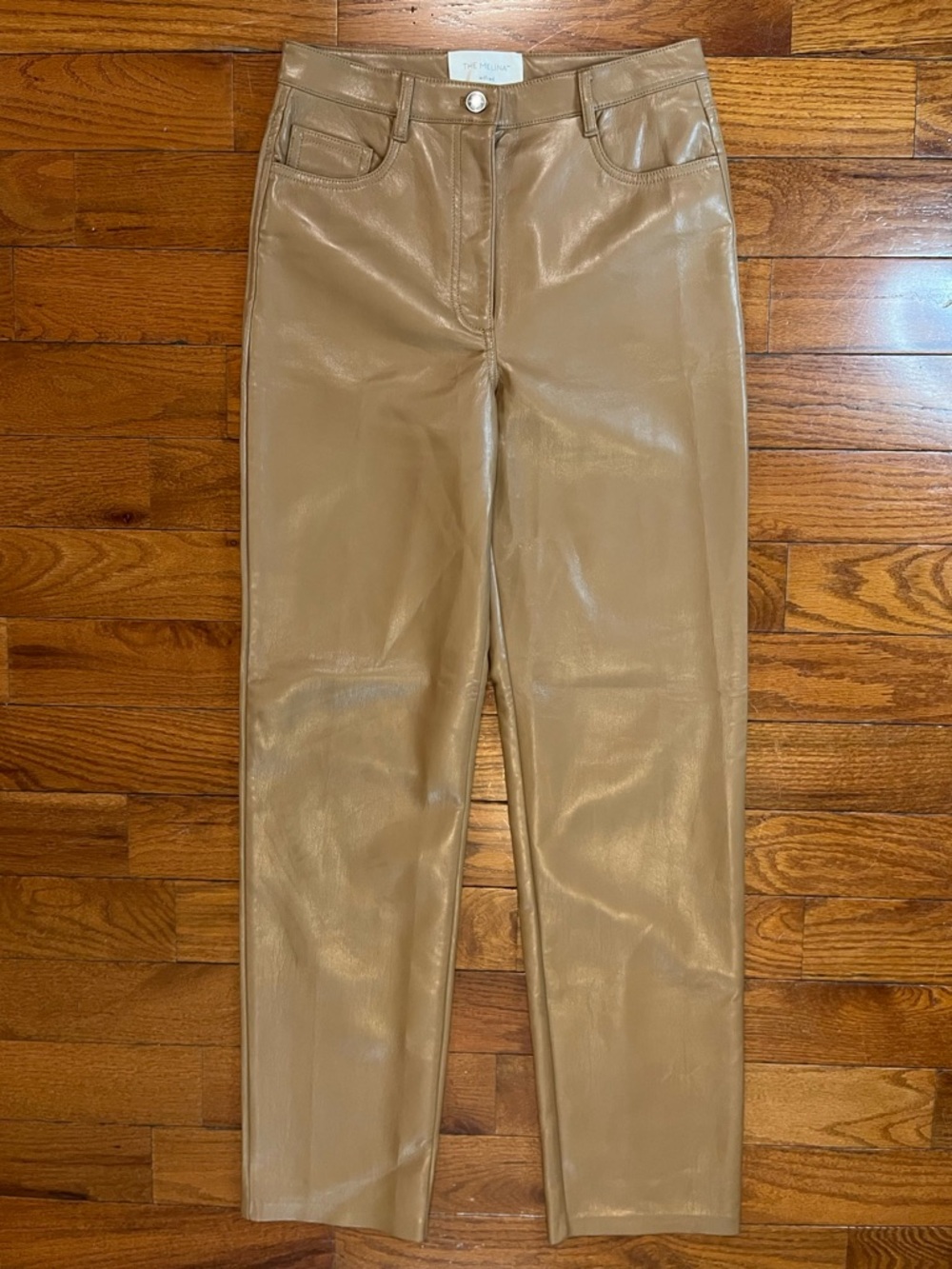 The Melina Camel Faux Leather Straight Leg Pants Women’s Size 6 Vegan Leather